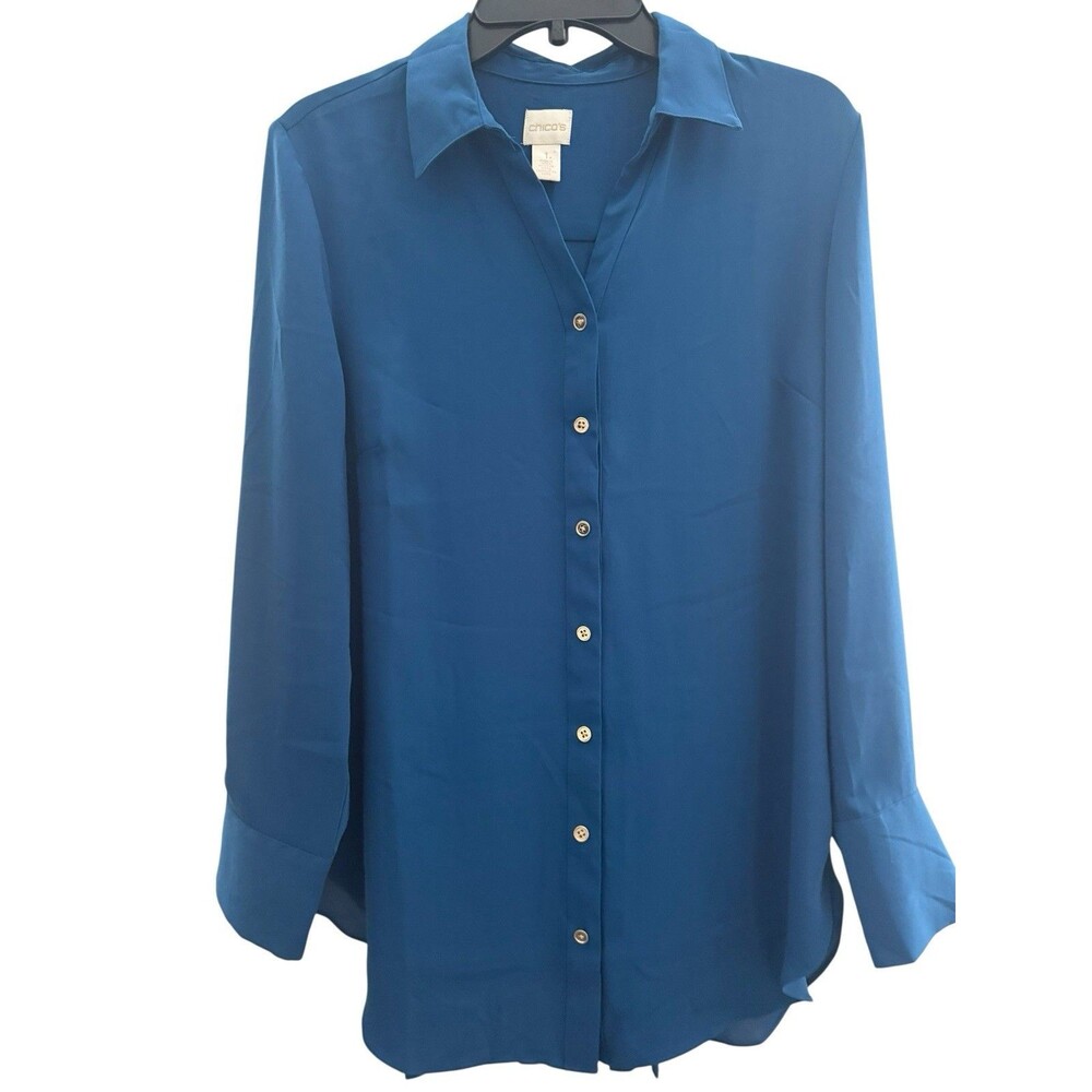 Chico’s Sz 1(M) Vibrant Blue Long Sleeve Pleated Back Button Down Blouse